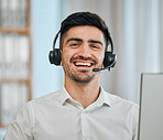 Telemarketing, man and portrait of consultant smile for customer support, contact agent and CRM communication. Face of happy salesman with microphone in call center, telecom advisory or FAQ questions