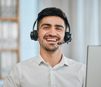 Buy stock photo Telemarketing, man and portrait of consultant smile for customer support, contact agent and CRM communication. Face of happy salesman with microphone in call center, telecom advisory or FAQ questions