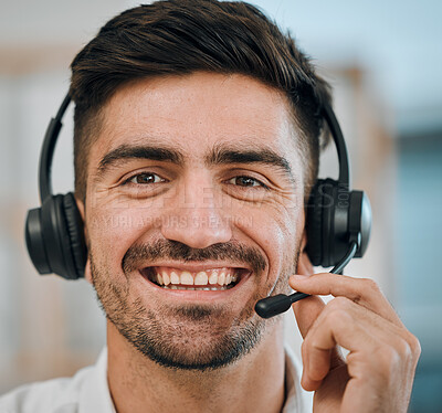Buy stock photo Telemarketing, face and portrait of man, agent or call center for customer service, lead generation or CRM support. Happy salesman, consultant or microphone of telecom help, advisory or FAQ questions