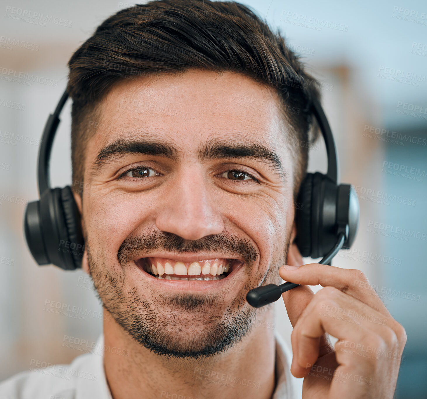 Buy stock photo Telemarketing, face and portrait of man, agent or call center for customer service, lead generation or CRM support. Happy salesman, consultant or microphone of telecom help, advisory or FAQ questions