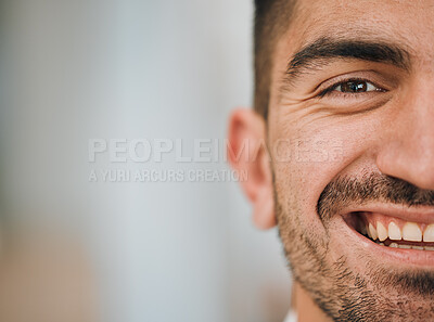 Buy stock photo Happy, face and half portrait of man in office for career goals, success and professional company. Startup, smile and closeup of male worker with happiness for advertising, mockup and copy space