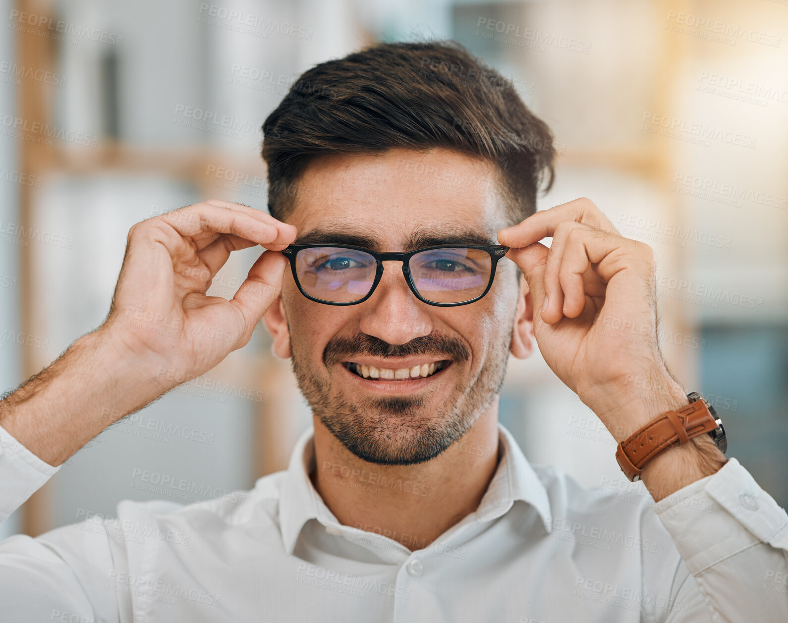 Buy stock photo Portrait, business and man with glasses, smile and clear vision with confidence, career goals and happiness. Face, male person and professional with eyewear, spectacles and looking with sight and see