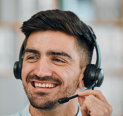 Buy stock photo Telemarketing, consulting and face of man in call center for customer service, lead generation or CRM offer. Happy salesman, consultant or contact on microphone for telecom, advisory or FAQ questions