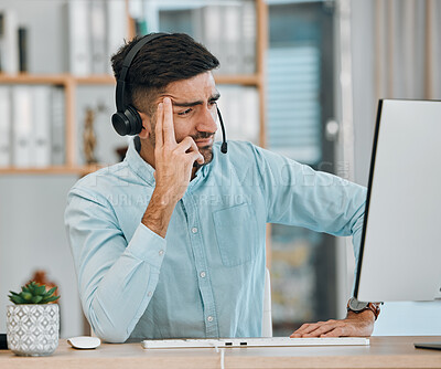 Buy stock photo Stress, call center problem or man at computer, telemarketing agency and fail of anxiety, frustrated error or 404 glitch. Confused salesman at pc with challenge, client account mistake and CRM crisis