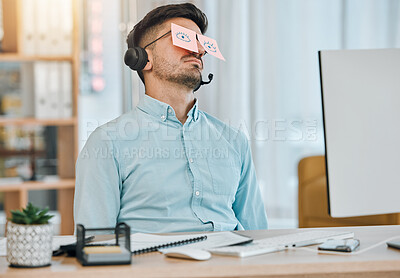 Buy stock photo Tired, sleeping and business man with sticky notes on eyes from low energy and burnout in office. Fatigue, nap and rest of a male professional with drawing on glasses to pretend at a company