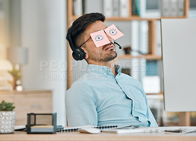 Buy stock photo Tired, sleeping and business man with sticky note eyes from low energy and burnout at office desk. Fatigue, nap and rest of a male professional with drawing on glasses to pretend at a company