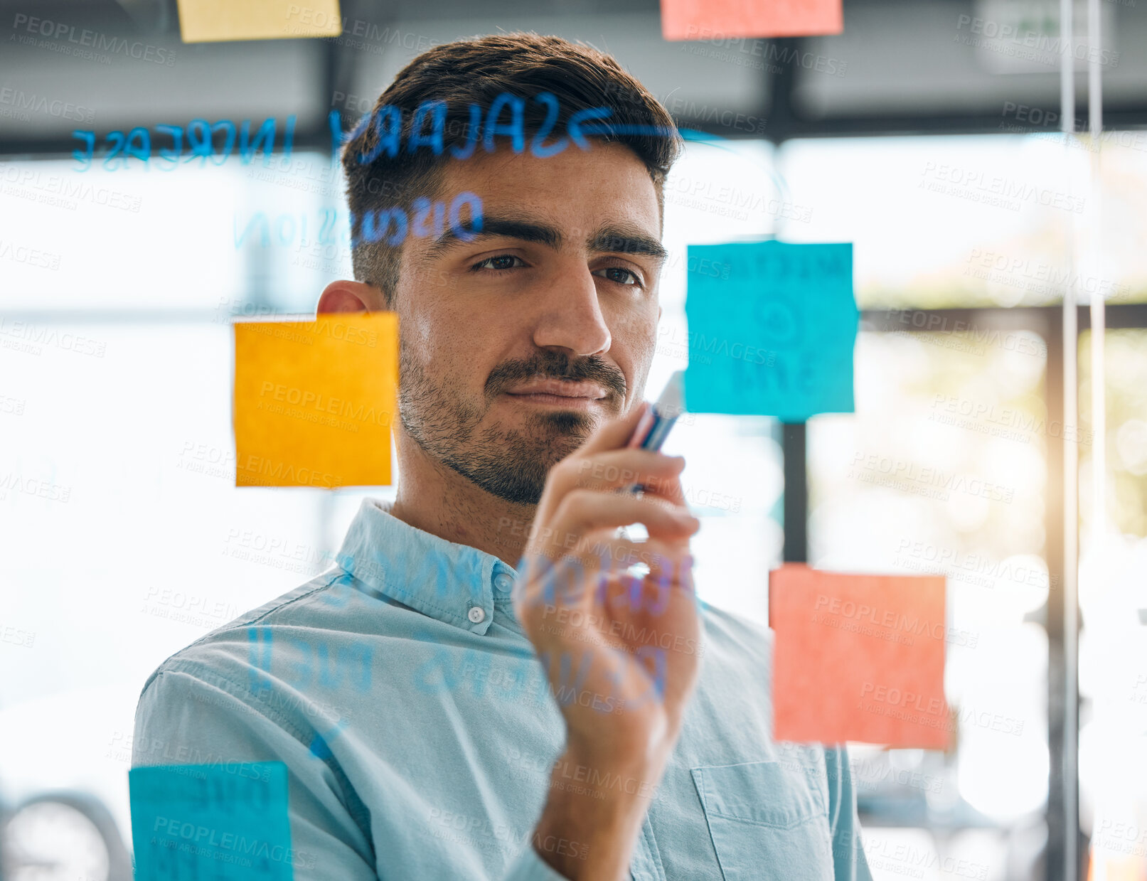 Buy stock photo Business man brainstorming on glass, planning schedule and timeline of sticky note ideas. Face, focus and male worker at window for mindmap, project objectives or calendar of agenda, goals or process