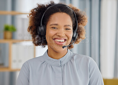 Buy stock photo Call center, smile and portrait of woman in office, sales and telemarketing in headset at help desk. Consulting, networking and happy face of virtual assistant, customer service agent or care advisor