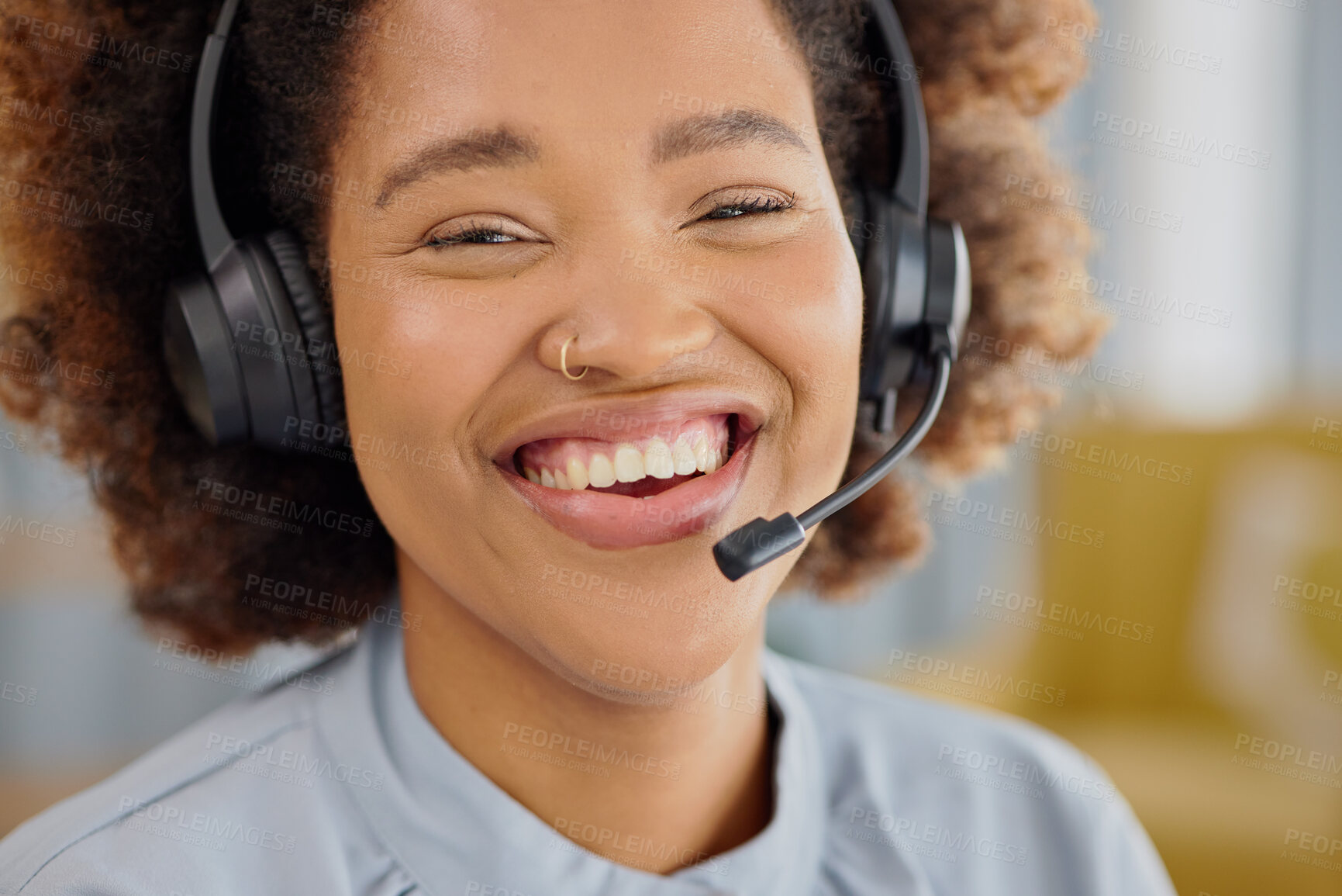 Buy stock photo Call center, crm and portrait of happy woman at help desk office, sales and telemarketing in headset. Consulting, communication and face of virtual assistant, customer service agent or care advisor.