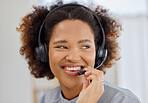 Call center, smile and face of woman with mockup in office, sales and telemarketing in headset. Crm consulting,  networking and happy virtual assistant, customer service help desk agent or advisor.