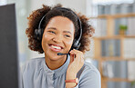 Call center, conversation and happy woman at help desk for advice, sales and telemarketing in headset. Consulting, communication and face of virtual assistant, customer service agent or crm advisor.