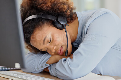 Buy stock photo Crm, business woman and sleeping with telemarketing worker at desk with office burnout. Customer support, consulting company and tired employee with nap at work from online and digital agent job