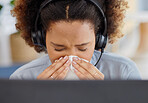 Call center, flu and sick woman blowing nose while consulting for contact us, crm or customer support. Telemarketing, cold and lady consultant with burnout, bacteria or viral infection while working