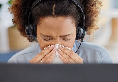 Buy stock photo Call center, flu and sick woman blowing nose while consulting for contact us, crm or customer support. Telemarketing, cold and lady consultant with burnout, bacteria or viral infection while working