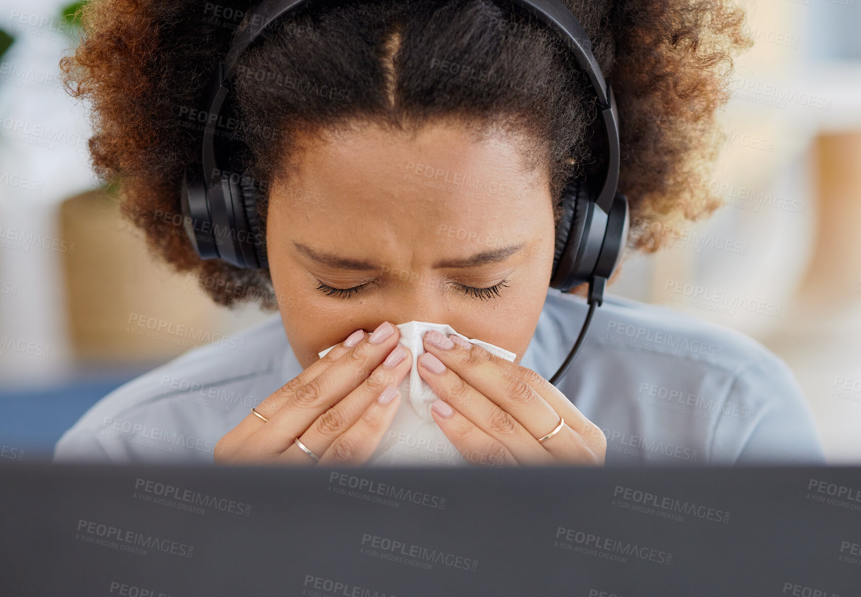 Buy stock photo Call center, flu and sick woman blowing nose while consulting for contact us, crm or customer support. Telemarketing, cold and lady consultant with burnout, bacteria or viral infection while working