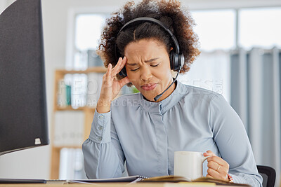 Buy stock photo Customer support, call center and woman with crisis in office with tension, stress and headache. Telemarketing, crm service and overworked female person with burnout, frustrated and exhausted at desk