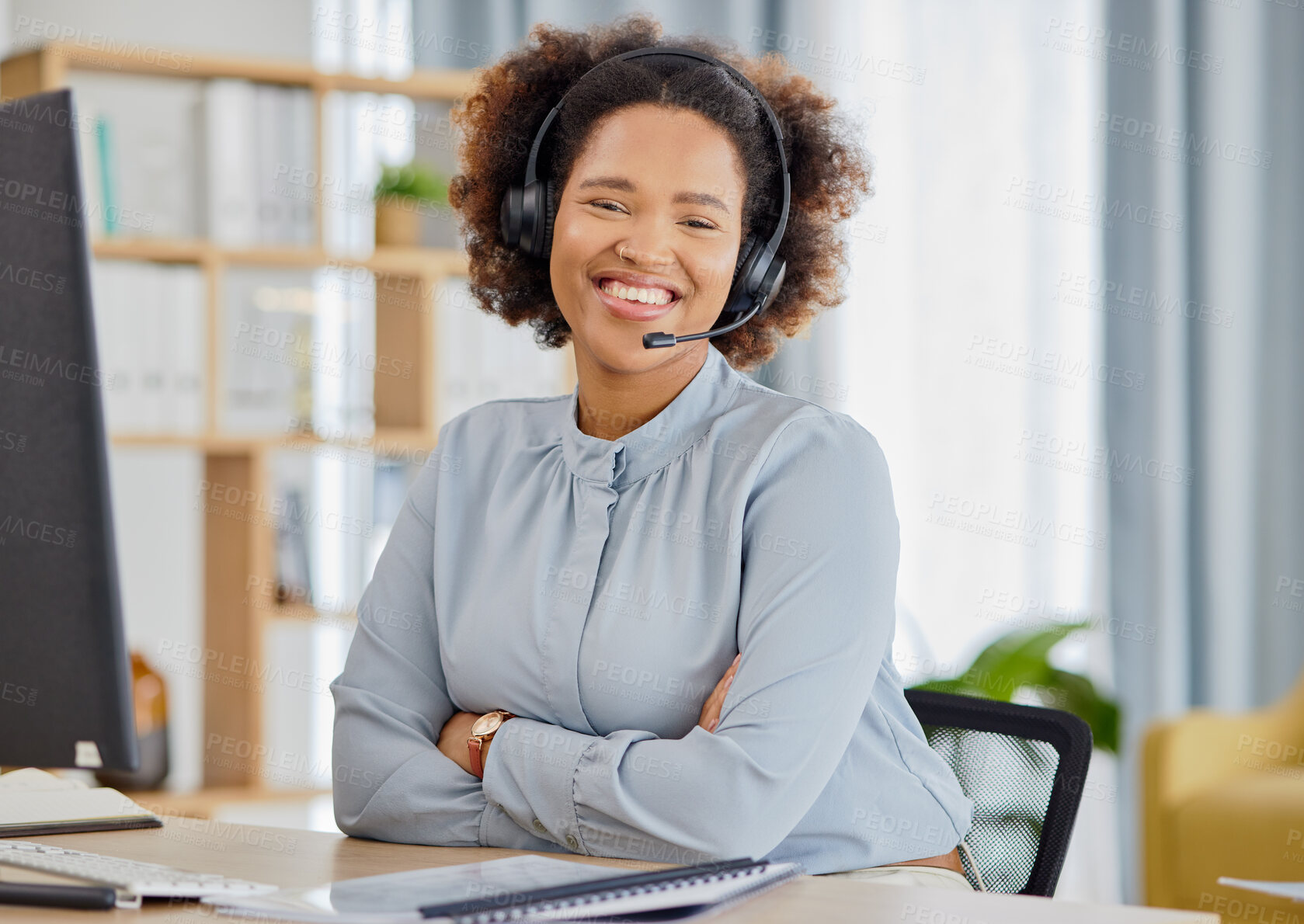 Buy stock photo Callcenter, portrait and happy woman at help desk for advice, sales and telemarketing in headset. Consulting, communication and face of virtual assistant, customer service agent or crm phone call.