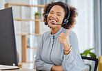 Callcenter, portrait and happy woman at help desk with thumbs up for advice, sales and telemarketing in headset. Consulting, communication and face of virtual assistant, customer service agent or crm