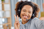 Callcenter, selfie and happy woman at help desk with peace sign for advice, sales and telemarketing in headset. Consulting, emoji and virtual assistant, customer service agent or hand gesture for crm