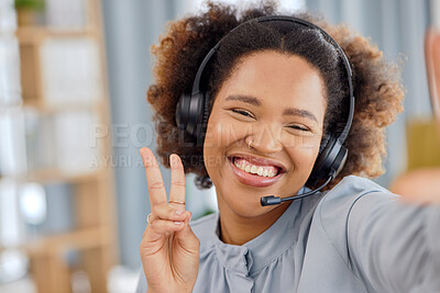 Buy stock photo Callcenter, selfie and happy woman at help desk with peace sign for advice, sales and telemarketing in headset. Consulting, emoji and virtual assistant, customer service agent or hand gesture for crm