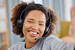 Callcenter, selfie and happy woman at help desk for advice, sales and telemarketing care in headset. Consulting, communication and face of virtual assistant, customer service agent or crm phone call.