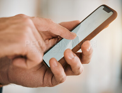 Buy stock photo Hands, phone screen and closeup to click for social media, typing and scroll. Smartphone, technology and finger of person with mobile for communication, email or app for internet, website and search