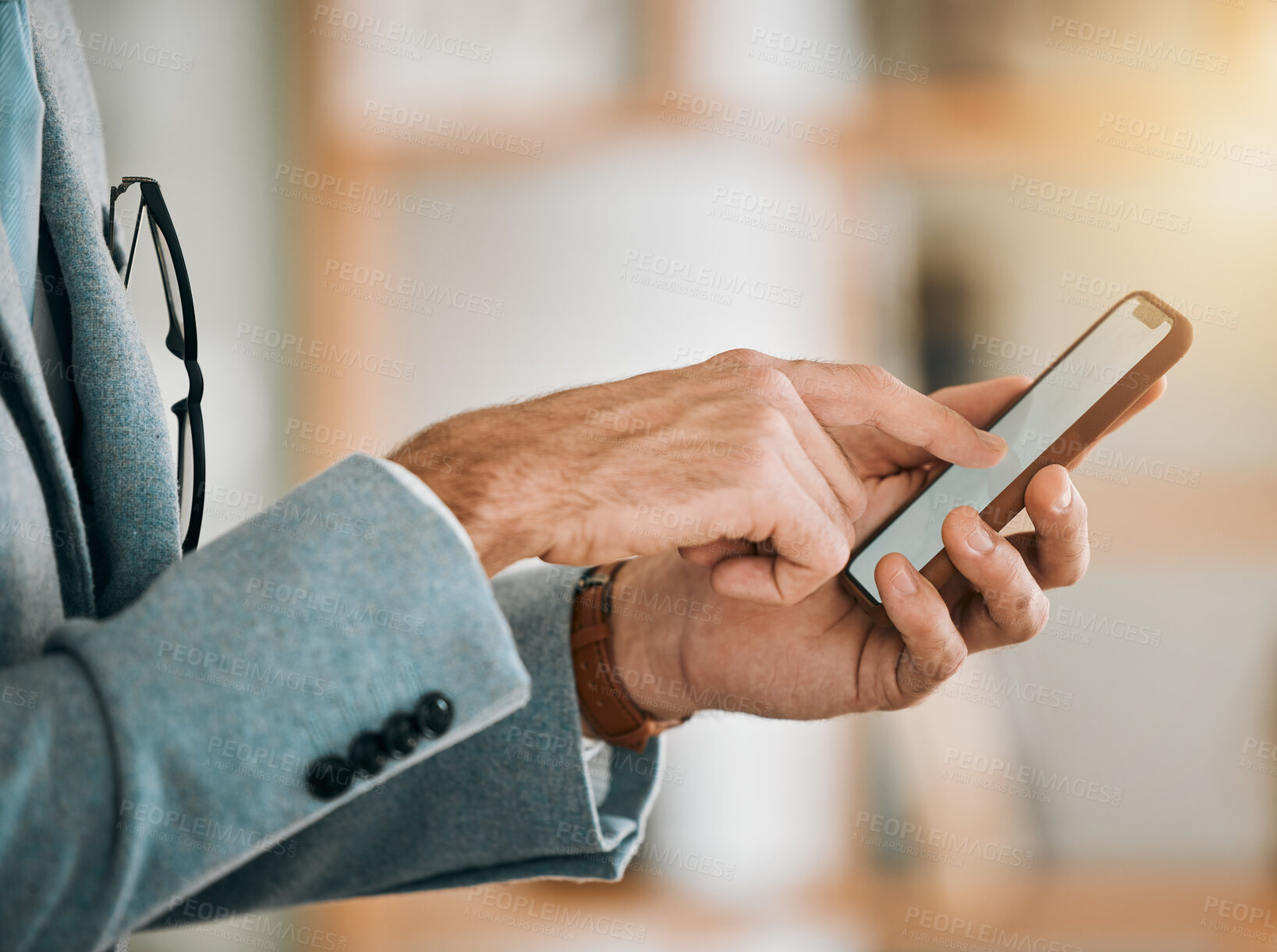 Buy stock photo Business man, hands and phone screen at desk with networking, text and online communication. App, mobile message and social media browse in a office and workplace with contact and typing at company