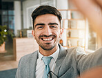 Face of businessman, selfie and smile in modern office with confidence, pride and happiness for startup entrepreneur. Digital photography, portrait and happy man in professional mindset in workplace.