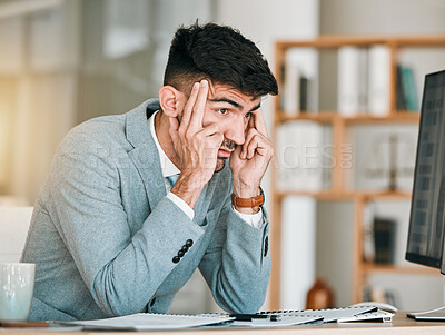 Buy stock photo Business man, headache and stress at office computer from auditor burnout at desk. Anxiety, 404 problem and tired corporate worker with tech and tax deadline and fatigue from brain fog at company