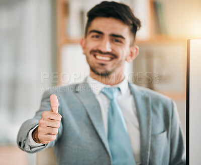 Buy stock photo Portrait of businessman, thumbs up and smile in office with good service, opportunity and job deal for startup entrepreneur. Agreement, business and yes, face of happy man in professional workplace.