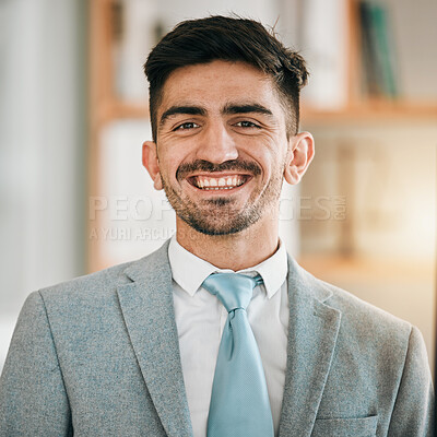 Buy stock photo Portrait of businessman, pride and smile in modern office with confidence, opportunity and happiness for startup entrepreneur. Work, business and face of happy man in professional workplace in Canada