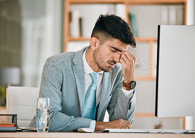 Buy stock photo Business man, headache and office computer with stress from auditor burnout at desk. Anxiety, eye pain and tired corporate worker with tech and tax deadline and fatigue from brain fog at company