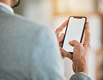 Closeup, screen and man with a smartphone, business and typing with email, contact and social media. Blank, person and professional with a cellphone, mobile app and connection with network and hands