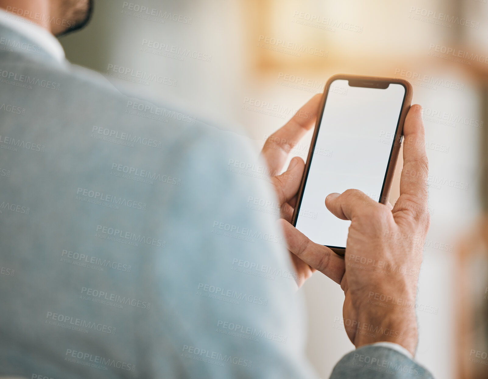 Buy stock photo Closeup, mockup and man with a smartphone, business and typing with email, contact and social media. Screen, person and professional with a cellphone, mobile app and connection with network and hands