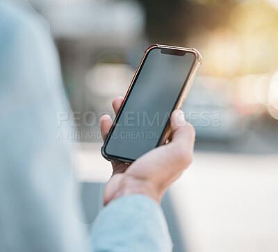 Buy stock photo Hands, closeup and a person with a phone in the city for social media, gps location and notification. Screen, website and an employee with a mobile for a direction app, morning news or email
