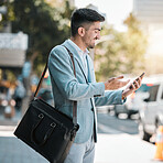 Phone, app and a business man in the city for travel on his morning commute into work during summer. Mobile, social media or networking with a happy young male employee on an urban street in town