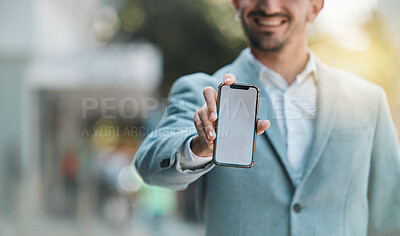 Buy stock photo Hand, blank phone screen and space in street with happy business man for app mockup, promotion or branding. Smartphone, entrepreneur and smile for ux, iot logo or mobile web design on metro sidewalk