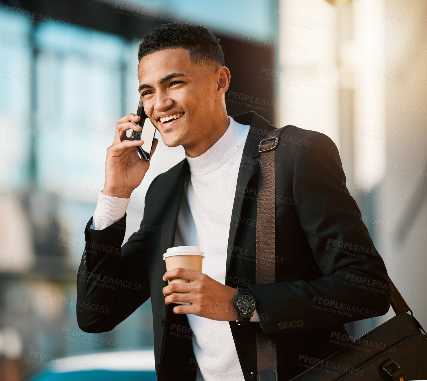 Buy stock photo Phone call, coffee and a business man walking in the city on his morning commute for corporate work. Mobile, smile and a happy young male employee drinking tea while in an urban town for travel