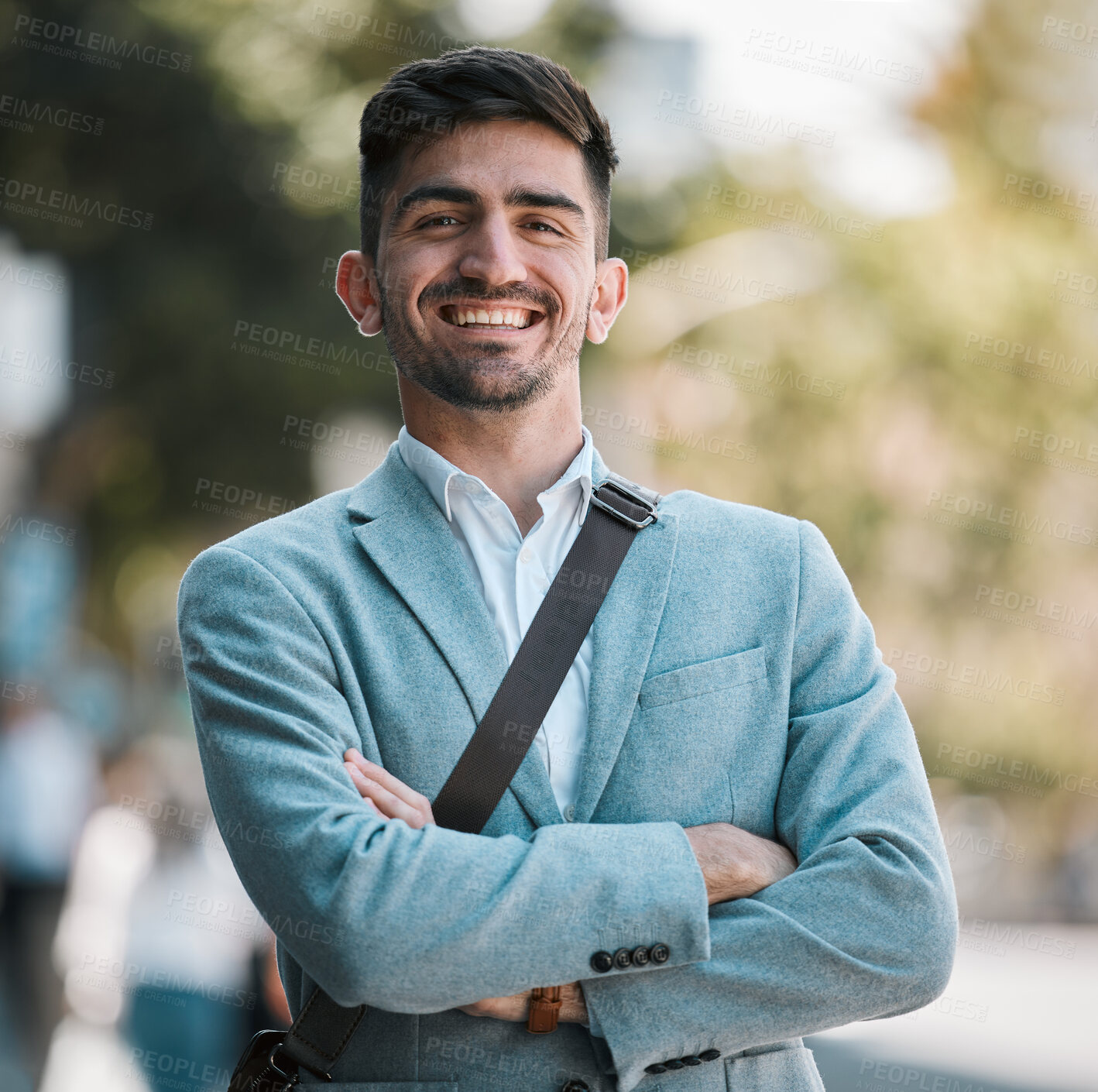 Buy stock photo Crossed arms, city and portrait of business man for happy mindset, startup goals and commute. Travel, professional job and face of male entrepreneur in urban town for career, working and success