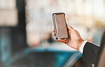 Closeup, business and man with a smartphone, city and connection with social media, travel and direction. Location, person or professional with a cellphone, mobile application or outdoor with network