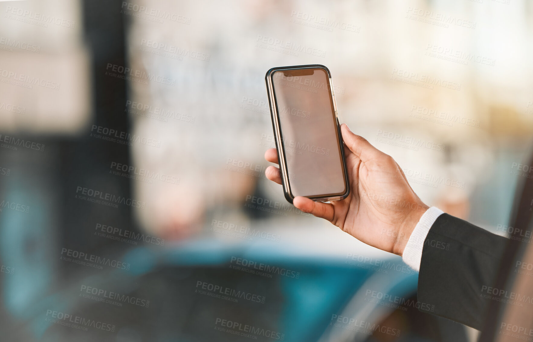 Buy stock photo Closeup, business and man with a smartphone, city and connection with social media, travel and mockup. Location, person or professional with a cellphone, mobile application and outdoor with network