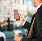 Hand, phone and location with a business man in the city, searching a map on his morning commute for work. Mobile, app and navigation with a male employee following directions on an urban street