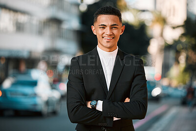 Buy stock photo Crossed arms, business and portrait of happy man in city for confident, startup goals and commute. Travel, professional job and face of male entrepreneur in urban town for career, working and success