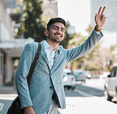 Buy stock photo Business man, wave and taxi in traffic, street or city for transportation, travel and smile in finance career. Young accountant, happy and outdoor on sidewalk to stop bus, tram or car in metro road