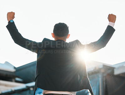 Buy stock photo Back, win and a businessman with success in city for a corporate win, achievement or celebration. Sunshine, motivation and an excited employee with freedom from work, promotion or professional bonus