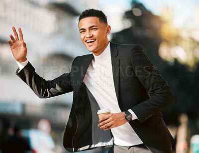 Buy stock photo Business man, wave and taxi in city, traffic and street for transport, travel and coffee in legal career. Corporate lawyer, happy and outdoor on sidewalk to stop bus, chauffeur and car in metro road
