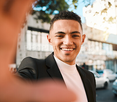 Buy stock photo Selfie, happy and portrait of business man in city for social media, profile picture and blog post. Travel, professional and face of male worker smile excited for career, job and success in street
