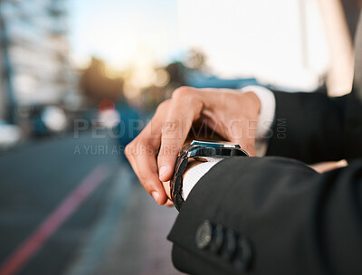 Buy stock photo Hands, watch and time with business man in street, road with calendar date, schedule and notification. Entrepreneur, iot clock and check for reminder, closeup and outdoor in city, cbd or metro street
