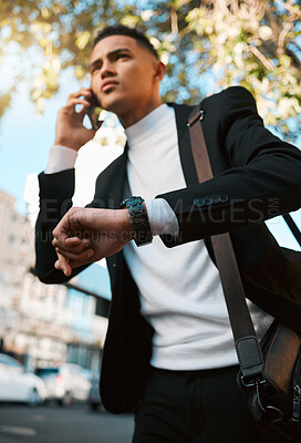 Buy stock photo Business man, phone call and city with a watch, travel and contact with connection, check time and schedule. Entrepreneur, appointment or employee with a smartphone, talking and commute with deadline