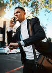 Business man, phone call and city with a watch, talking or contact with connection, check time or deadline. Entrepreneur, appointment or professional with smartphone, commute or late for an interview